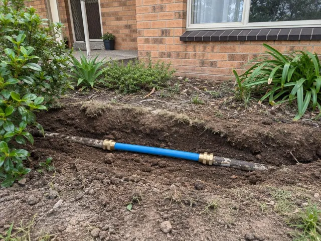 Exposed repaired water pipe section in a dirt trench beside a brick house in Belrose